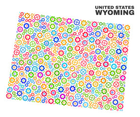 Mosaic technical Wyoming State map isolated on a white background. Vector geographic abstraction in different colors. Mosaic of Wyoming State map combined of scattered bright gear items.