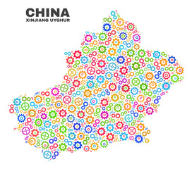 Mosaic technical Xinjiang Uyghur Region map isolated on a white background. Vector geographic abstraction in different colors.