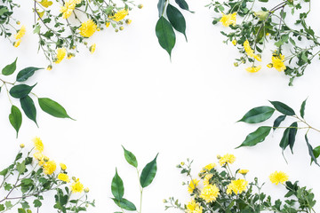 Yellow flowers, green leaves on white background, flat lay, top view