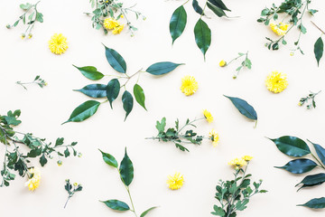 Yellow flowers, green leaves on beige background, flat lay, top view