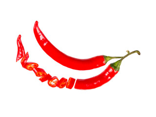 Raw fresh organic, red pepper flakes and dried ground chili pepper with sliced