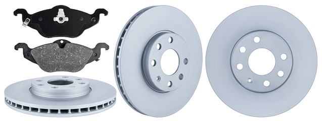 set collection of automotive car parts brake steel disc and pad isolated white background