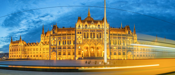 Panoramiv View of the Hungarian Parliament in Budapest at Dusk