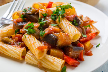 Fried Creole Aubergines Served with  Pasta and Parsley