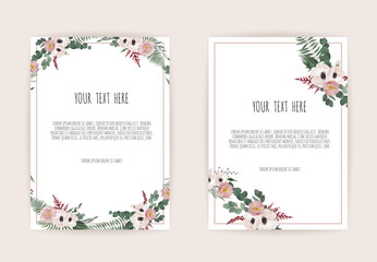 Vector floral design card. Greeting, postcard wedding invite template. Elegant frame with rose and anemone