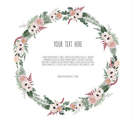Floral wreath with green eucalyptus leaves, flower rose, anemone . Frame border with copy space eps10