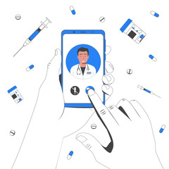 Fototapeta premium Online doctor. Online medical consultation and support. Hand holds a smartphone with an online clinic app. Vector illustration