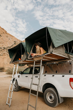 Namibia, woman camping near Spitzkoppe