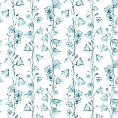 Hand drawn floral seamless pattern background with vertical green graphic bluebell flowers on white background