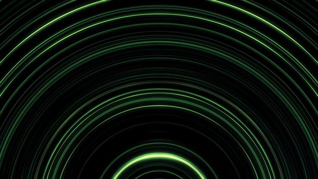 Abstractdark green circle beating on black background. Parallel shimering curved lines moving slowly.
