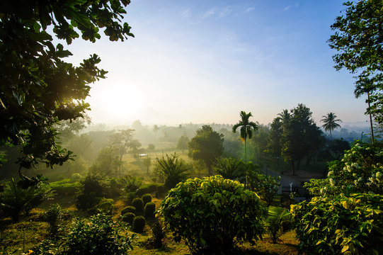Indonesia, Java, early morning view from the Borobudur Temple Complex on the scenery around