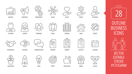 Vector business isolated editable stroke thin line icon set with marketing, customer, relationship, fist bump, communication, contract, strategy, logistics, calendar and more outline sign.