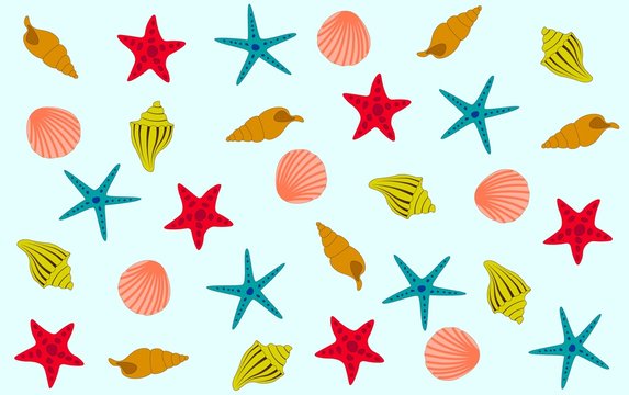 red, yellow, orange, blue and pink starfish and shells against a blue background. sea pattern