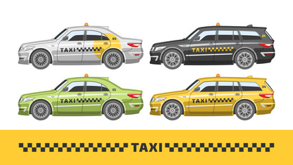 Naklejka na ściany i meble Flat colorful taxi type. Vector illustration sedan and station wagon cab. Different passenger service automobile set. Commercial vehicles.