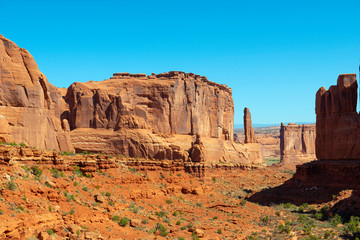 Mesa and Butte landscape in Park Avenue in Arches National Park, Moab, Utah, USA.