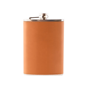 Mockup Of Leather Hip Flask For Alcoholic Drinks Isolated On White Background