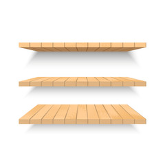 Wooden shelves on wall with soft shadow. Vector