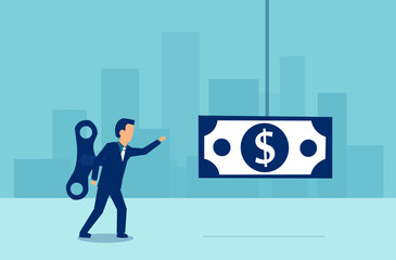 Fototapeta premium Vector of a businessman with a wind up key on his back walking towards a dollar banknote