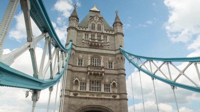 A hyperlapse across Tower Bridge on a sunny but cloudy day.