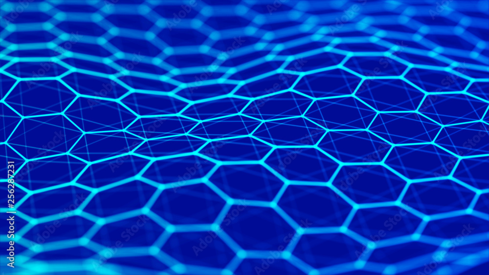 Aufkleber Data technology background. Hexagon background. Abstract background. Connecting dots and lines on dark background. 3D rendering. 4k.