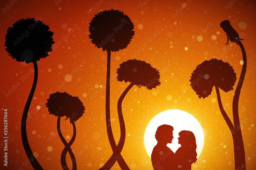 Sticker lovers and dandelions at red sunset. vector conceptual illustration with silhouette of loving couple