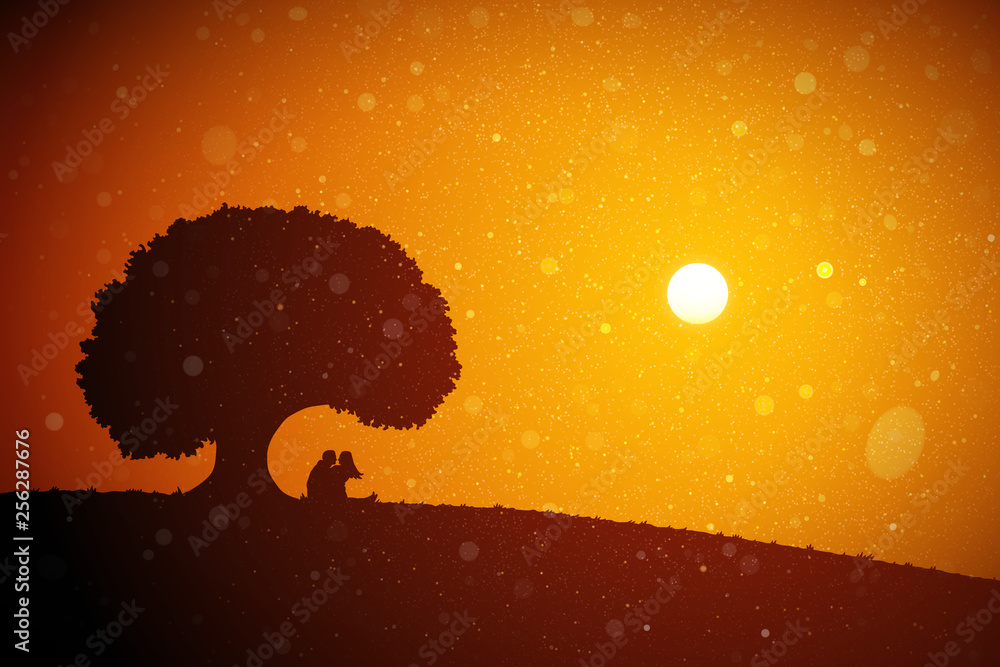 Sticker lovers under tree at red sunset. vector conceptual illustration with silhouette of loving couple. su