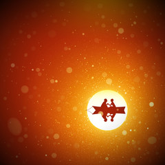 Lovers in boat at red sunset. Vector conceptual illustration with silhouette of loving couple. Summer bright landscape with setting sun and flying fluff