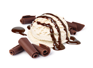 Vanilla ice cream scoop with chocolate sauce