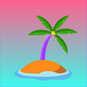 colorful coconut tree on island with pink and blue background, vector illustration island.