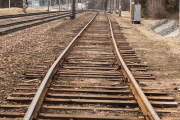 Fototapeta na wymiar railroad crossing. rail close-up. have toning. the horizon is not even