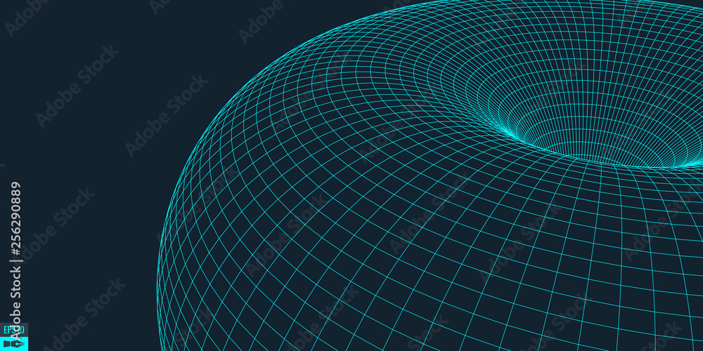Poster wireframe vector torus background. wormhole concept. funnel perspective grid. vector illustration.