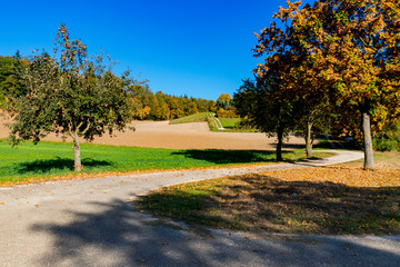 autumn landscape, hiking path along touristic route Romantic Road, Buchdorf, Germany. Blue sky