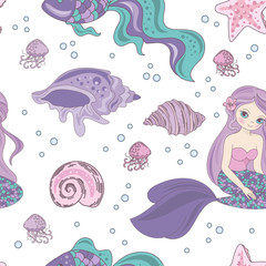 MERMAID PASSION Princess Girl Underwater Tropical Ocean Travel Cruise Sea Seamless Pattern Vector Illustration for Print Fabric and Digital Paper