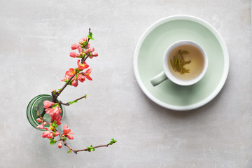 Springtime flat lay, cup of green tea and Japanese quince flowers on a grey stone, copy-space