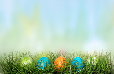 Row of Easter eggs in Fresh Green Grass defocused background