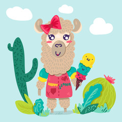 Cute llama girl flat cartoon character