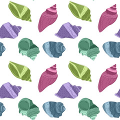 Seamless Endless Pattern with Print of colorful seashells in cartoon style on white background. Can be used in food industry for wallpapers, posters, wrapping paper, Vector illustration