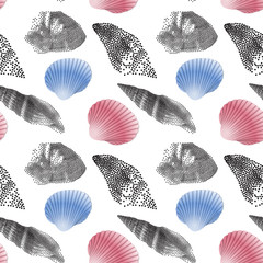 Seamless Endless Pattern with Print of colorful shells and pearls on white background. Can be used in food industry for wallpapers, posters, wrapping paper, wedding cards.