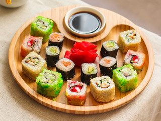 sushi rolls Fresh and delicious (portion of sushi) - Sushi menu. Japanese food. food background
