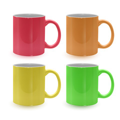 Set of bright and colored mugs on white background, realistic mugs, template for your project