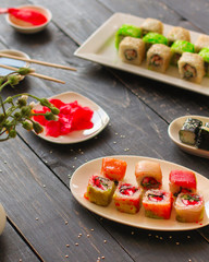 sushi rolls Fresh and delicious (portion of sushi) - Sushi menu. Japanese food. food background