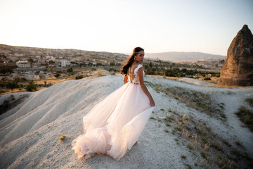 Fototapeta na wymiar Bride in a flowing dress in a stunning landscape of mountains