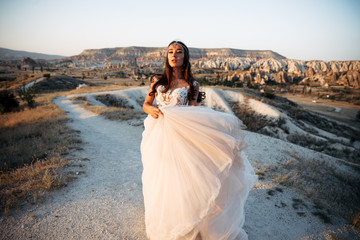Bride in a flowing dress in a stunning landscape of mountains