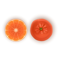Bright vector set of colorful half, slice and segment of juicy orange. Fresh Realistic oranges on white background.