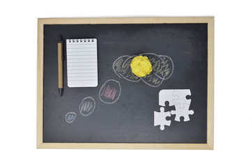  Blackboard with a notebook and pen with innovative idea. Concept innovative idea, undertake, new idea, think, business