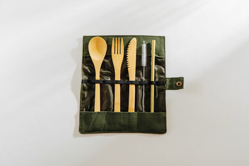Eco friendly bamboo cutlery set. Zero waste, plastic free concept.