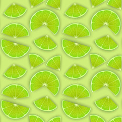 Seamless Endless Pattern with Print of Fresh lime slices, in cartoon style on Green background. Can be used in food industry for wallpapers, posters, wrapping paper, Vector illustration