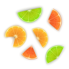 Obraz premium Fresh orange, lime and lemon slices on white background, set of bright citrus fruits, orange slices for your project