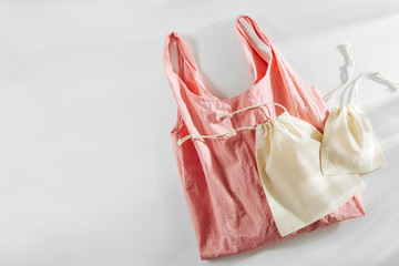 Fashion Pink shopping bag and cloth bags. Zero waste, plastic free concept.