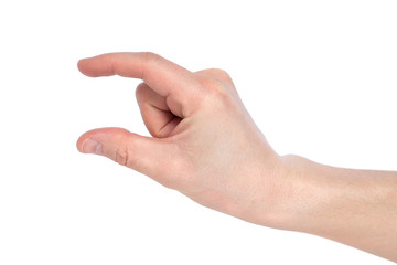 Male caucasian hand gesturing a small amount, or smal size, isolated on white background. - obrazy, fototapety, plakaty